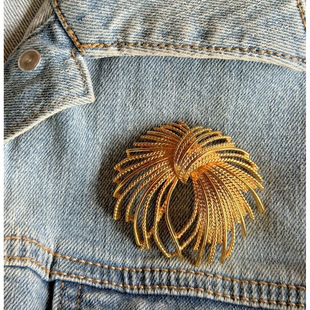 Vintage Monet Gold Tone Swirl Brooch Texture Statement Pin Designer